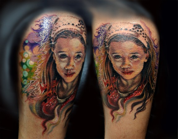 This portrait tattoo is still in progress. Full color portrait.