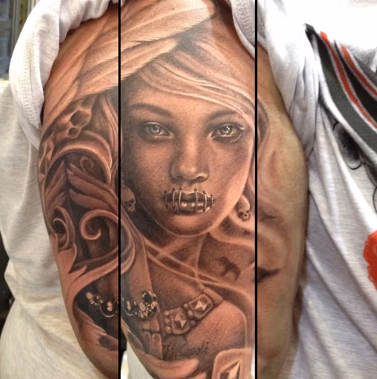 Black and Grey Girl Tattoo