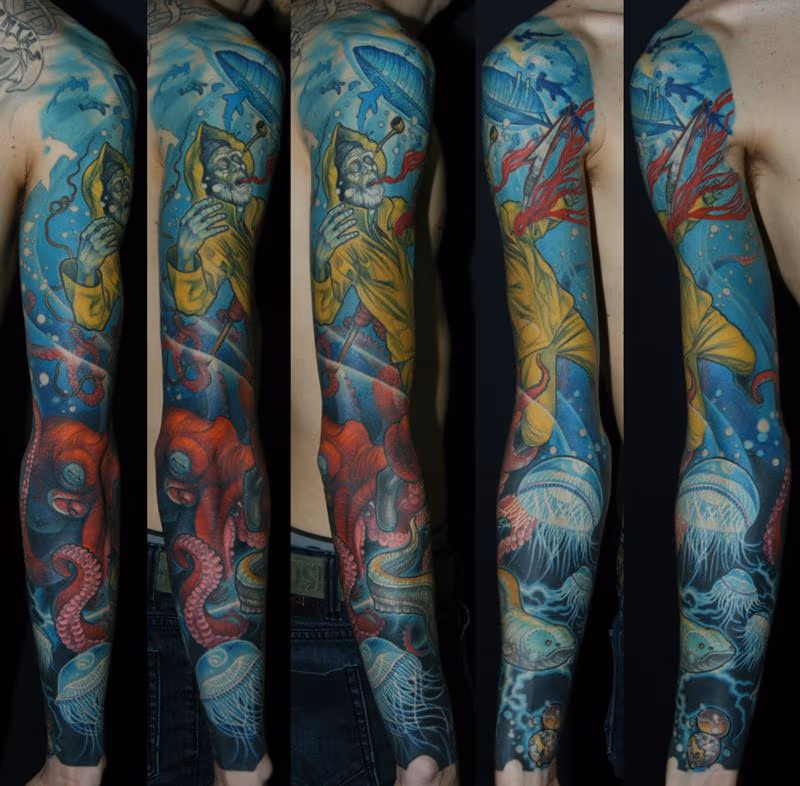 Full Color Dead fisherman sleeve tattoo