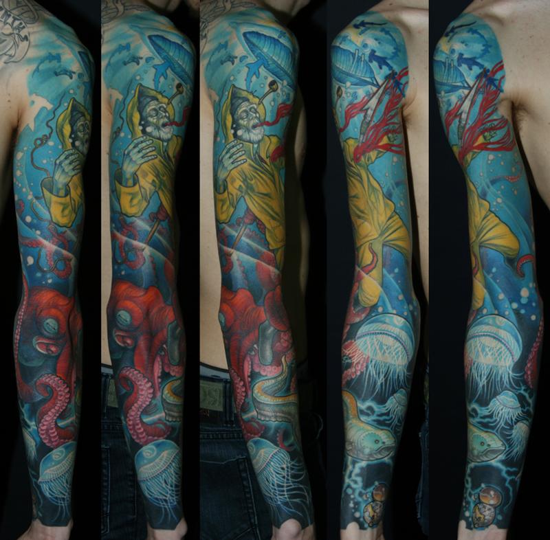 Full Color Dead fisherman sleeve tattoo