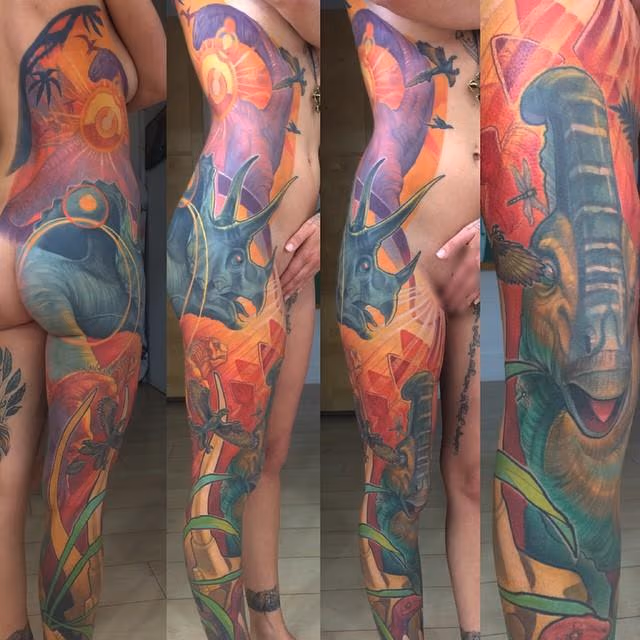 Dinosaur Side Leg Sleeve Tattoo