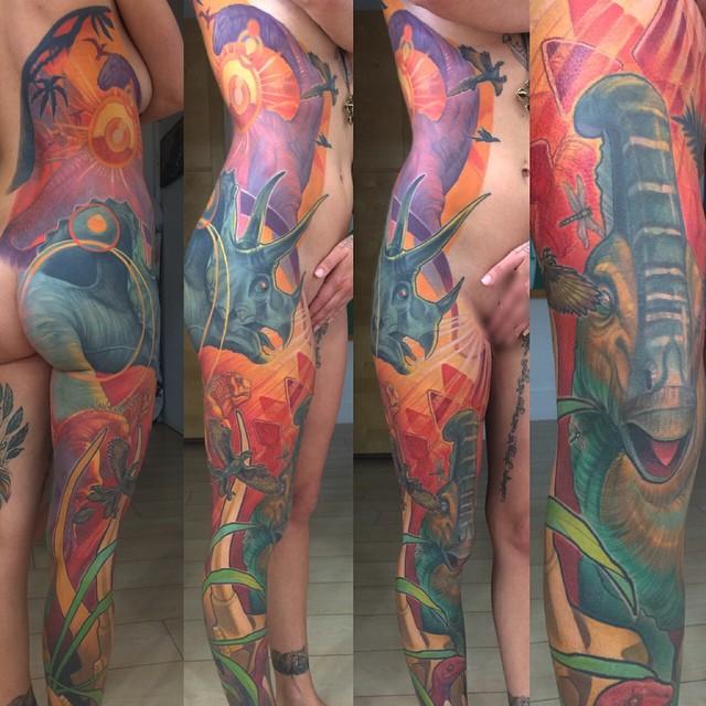 Dinosaur Side Leg Sleeve Tattoo