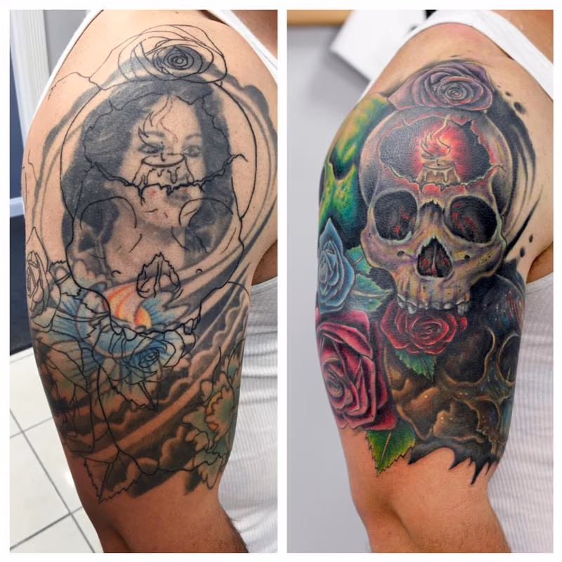 Before and after skull/rose cover-up