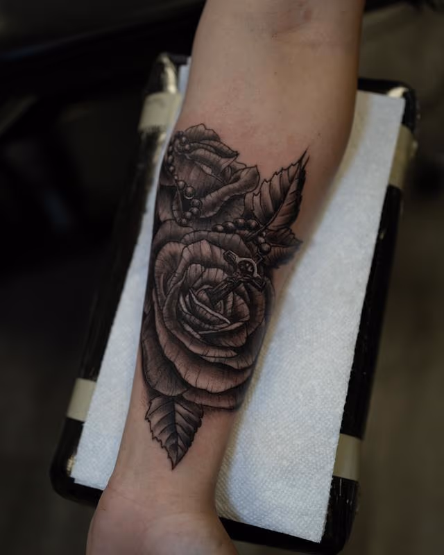 Rose and Rosary Tattoo