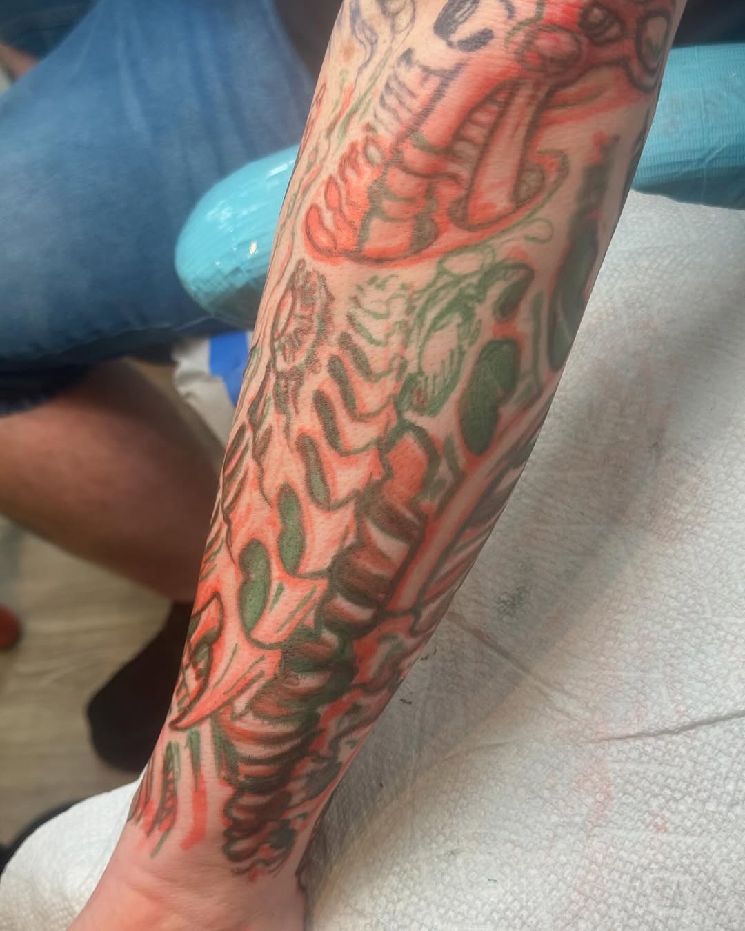 Biomechanical sleeve stencil in progress, forearm