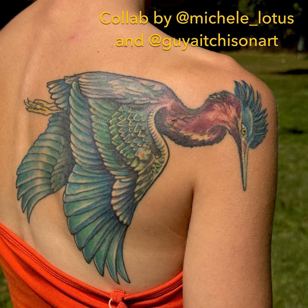Color green heron tattoo on shoulder/back