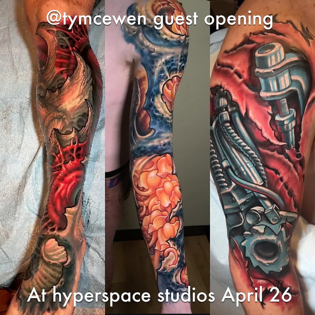 Biomechanical color sleeve tattoos