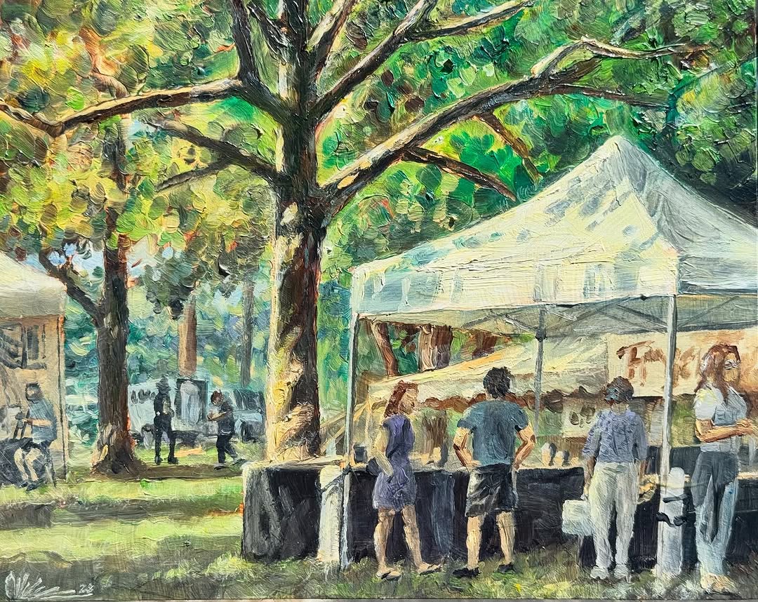 Plein air oil painting of art festival tent