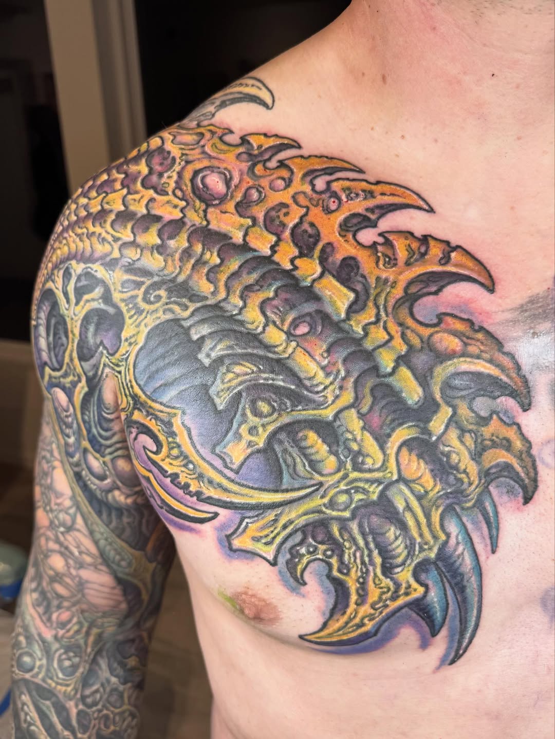 Biomechanical chest and sleeve coverup in color