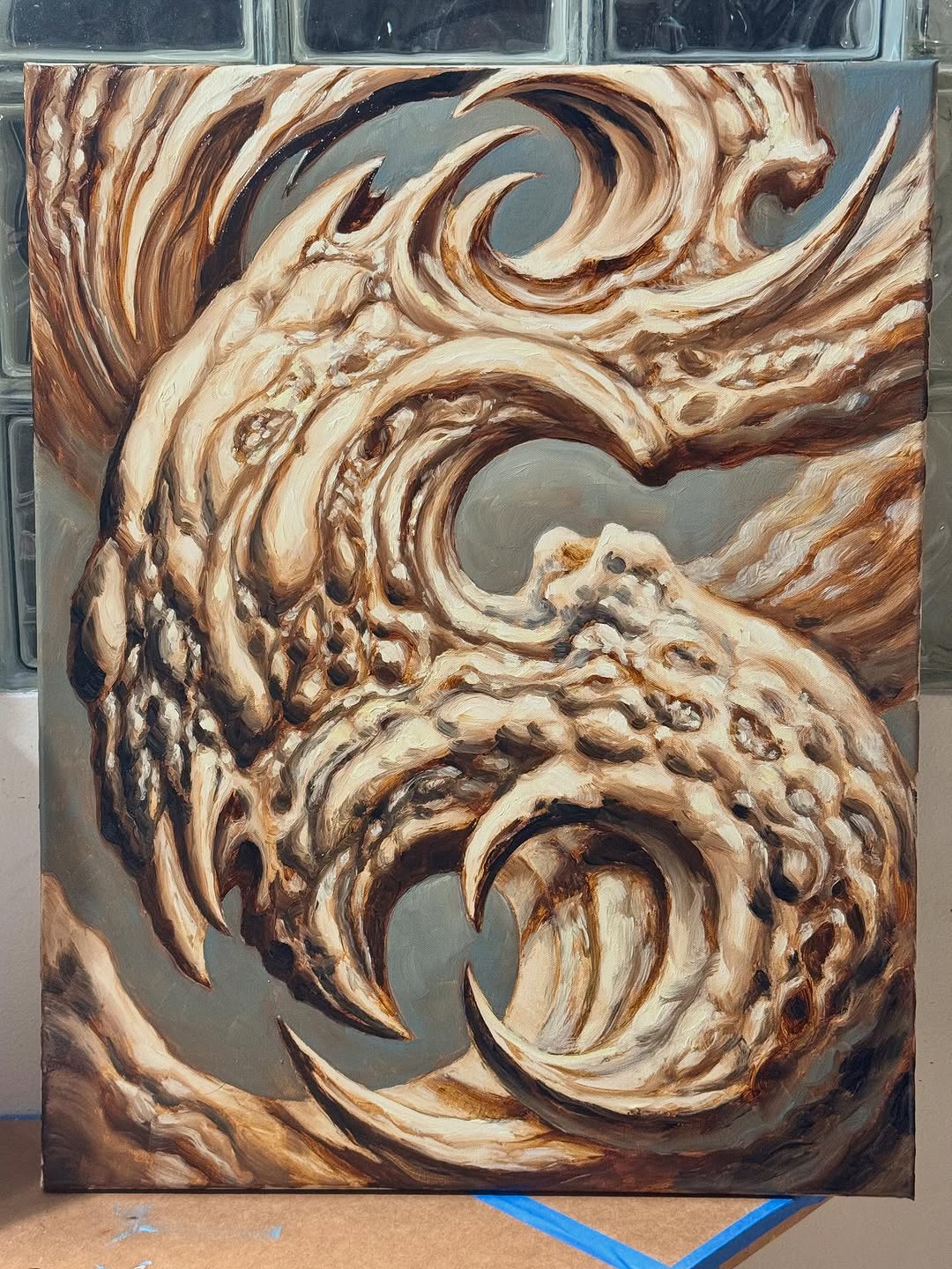 Biomechanical sepia oil painting on canvas