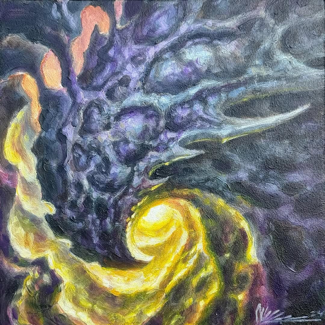 Purple and yellow dragon oil painting on panel