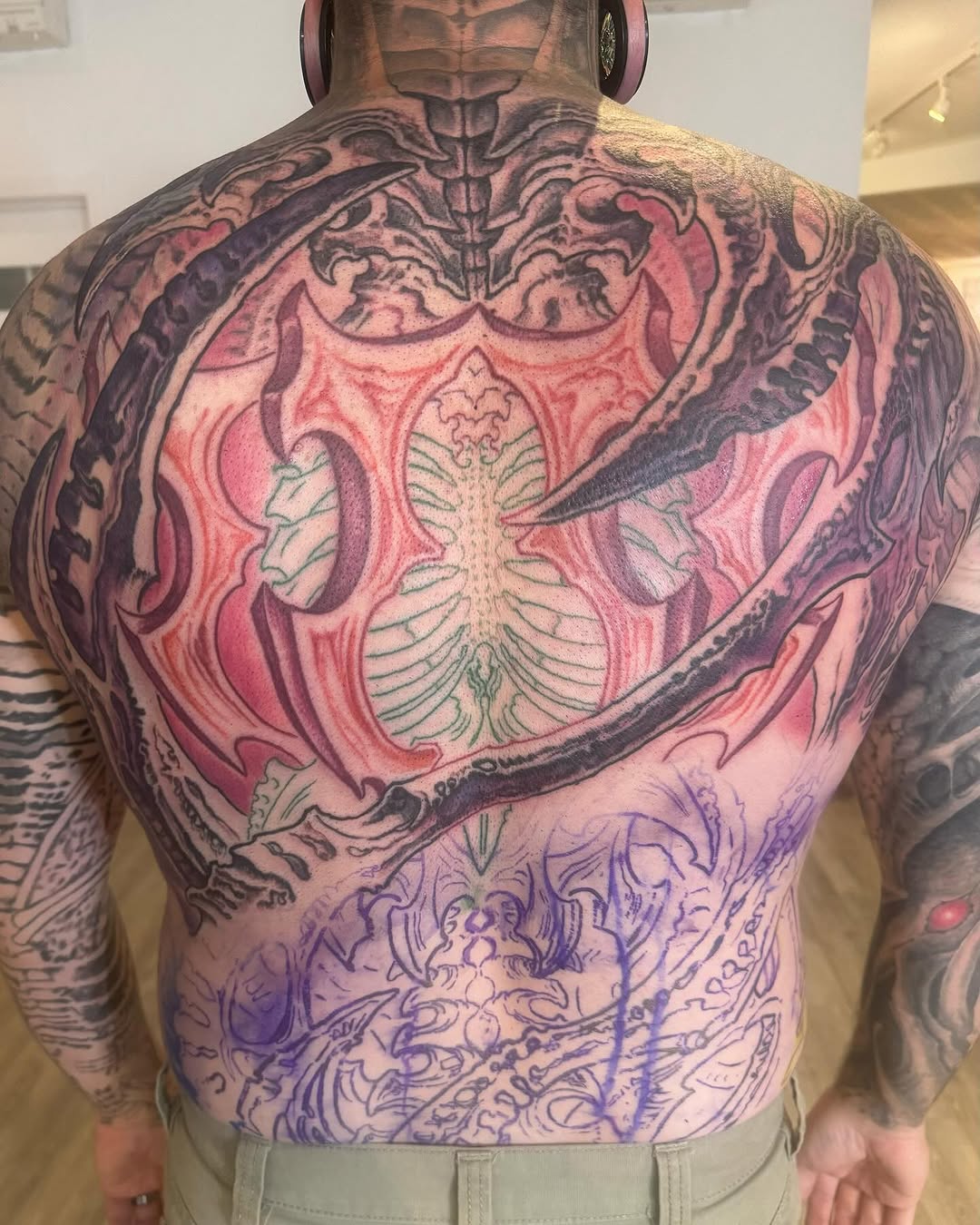 Biomechanical back piece in progress, color