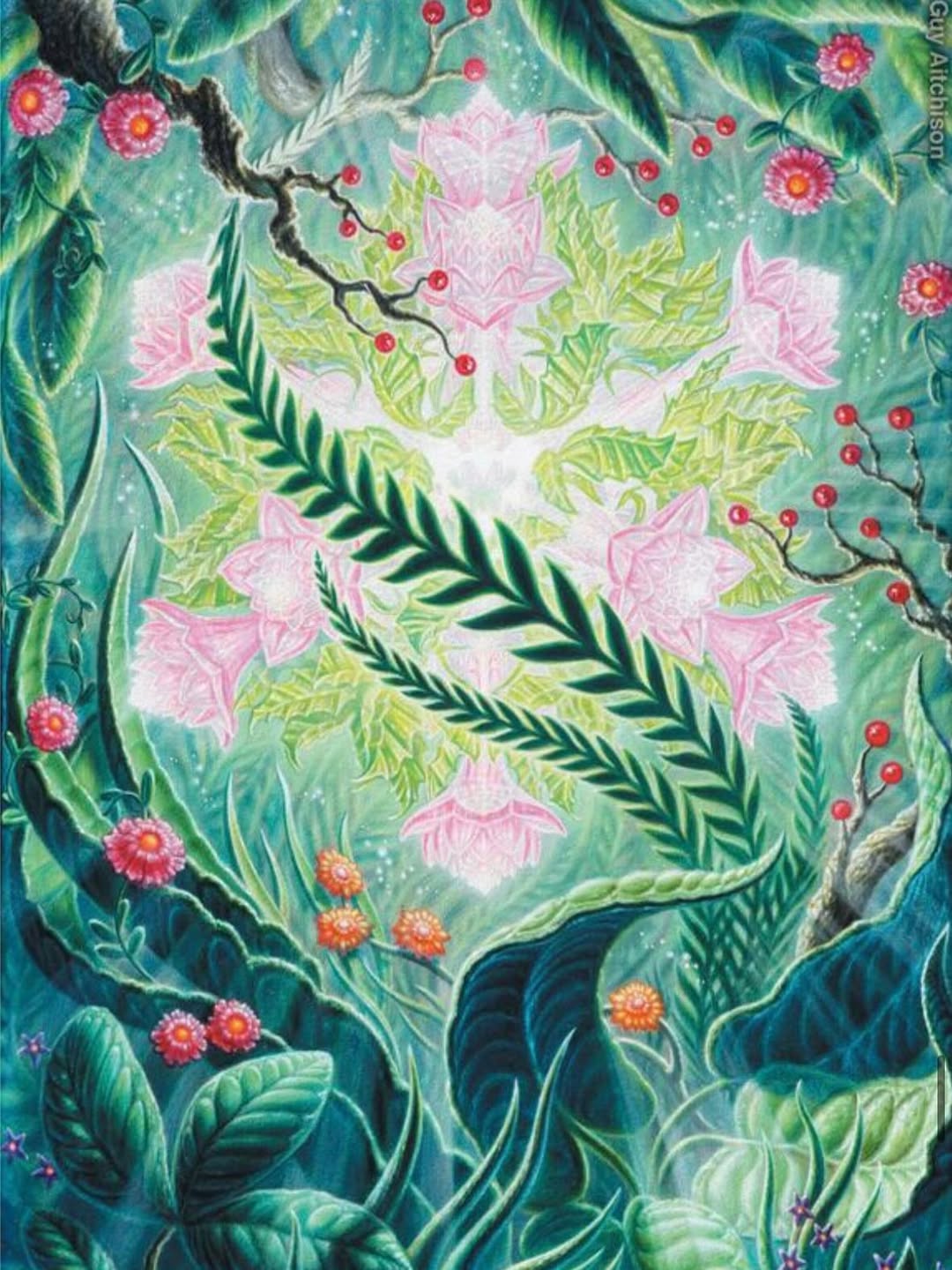 Botanical surrealism painting with pink blooms