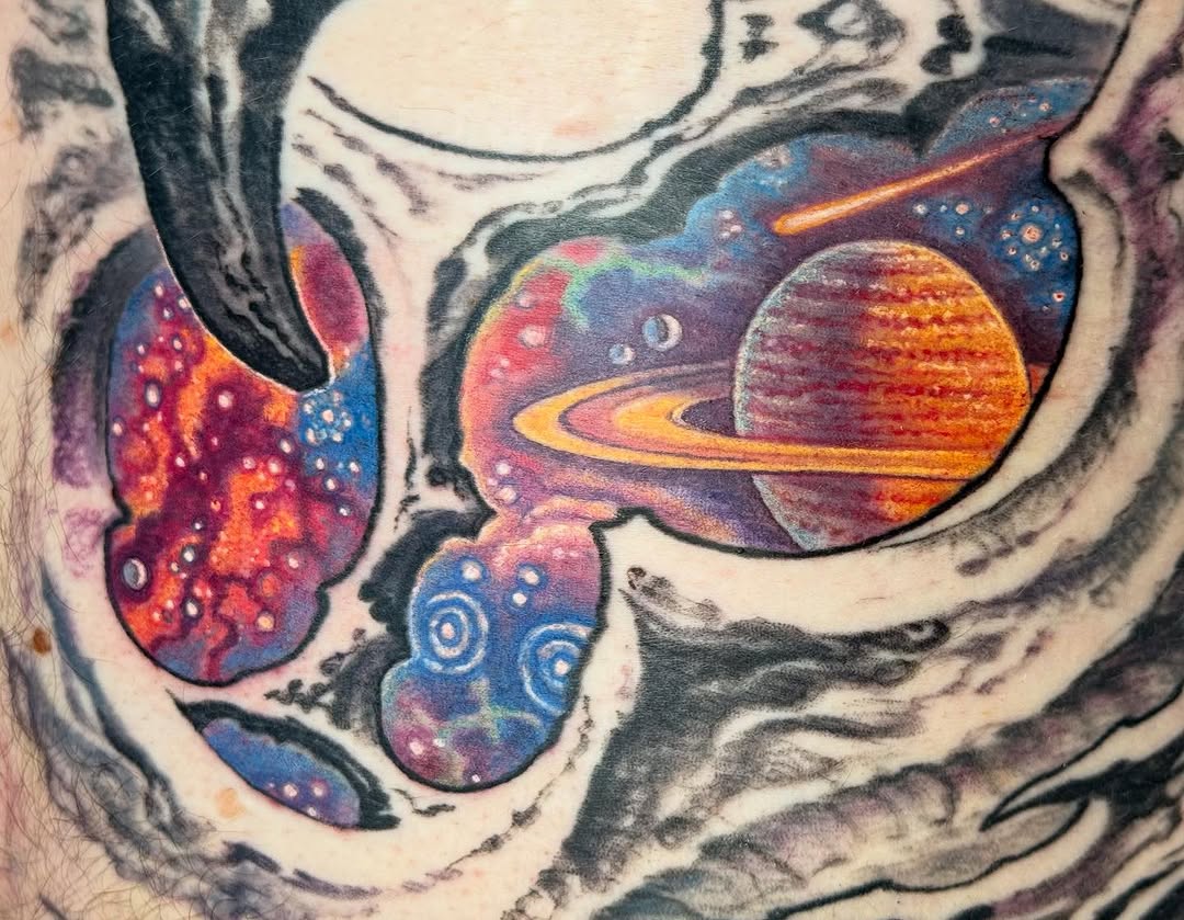 Color cosmic space scene with Saturn, ribs