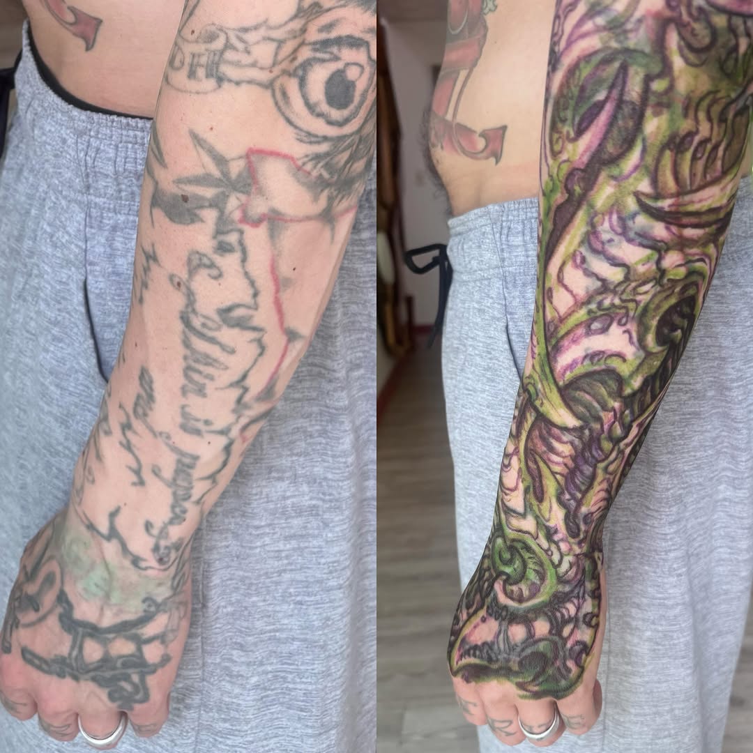 Colorful bio-organic sleeve and hand tattoo