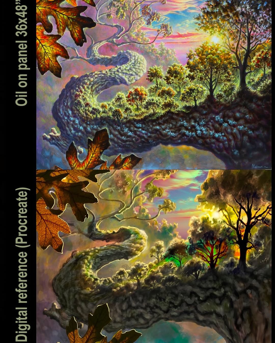 Surreal landscape oil painting with autumn leaves