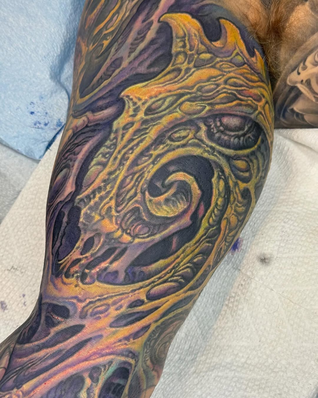 Biomechanical leg sleeve in purple and yellow