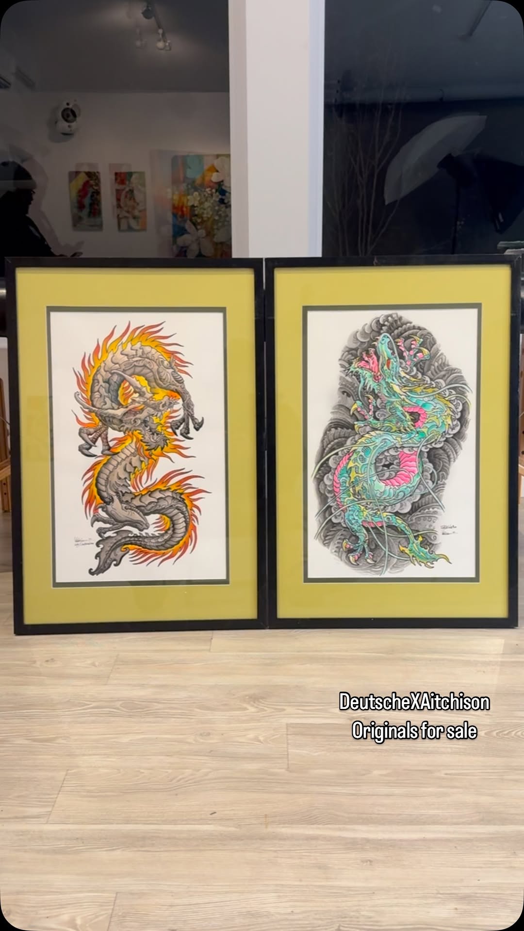 Japanese dragon original paintings, framed pair
