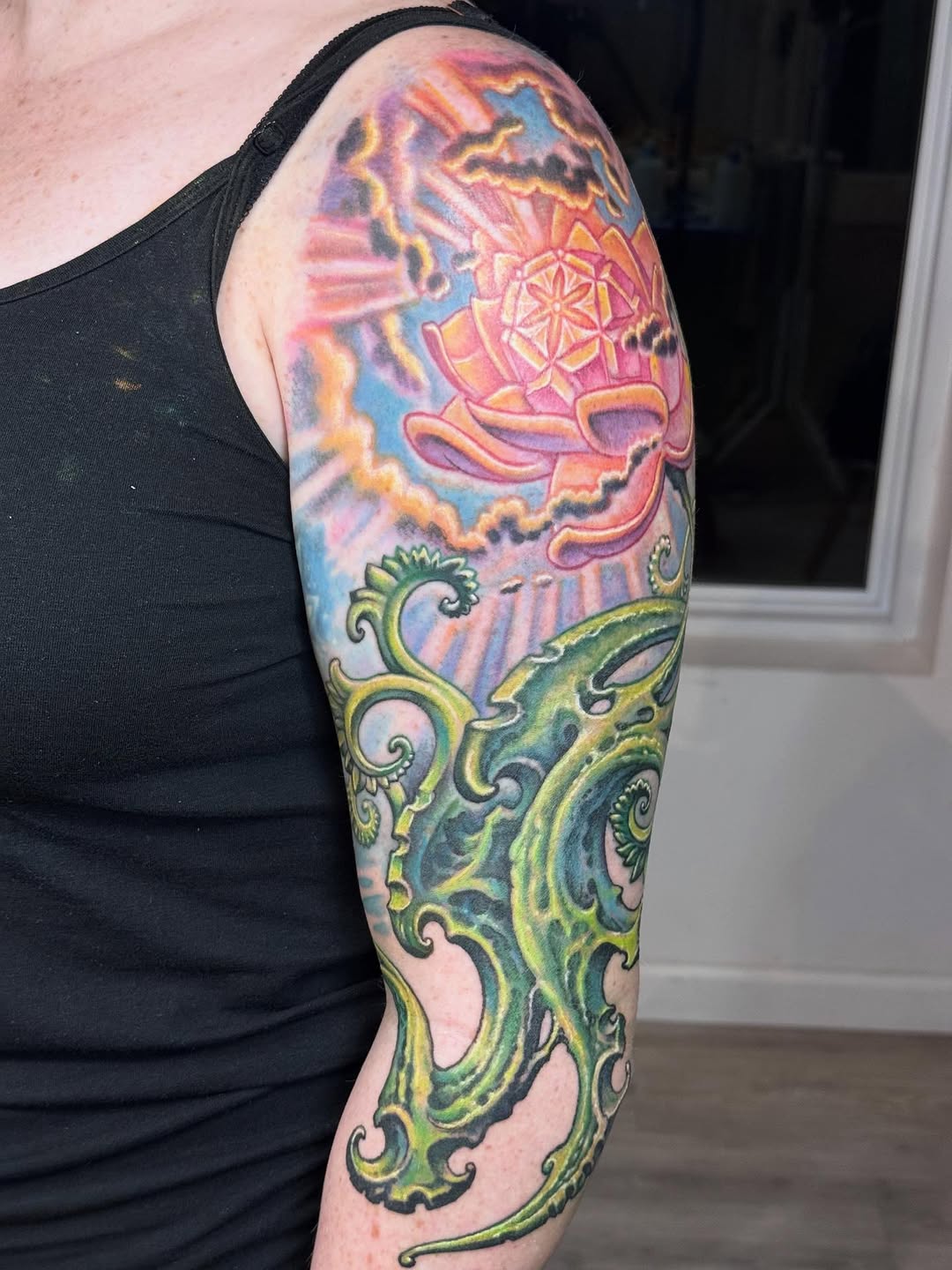 Color lotus and biomech half-sleeve