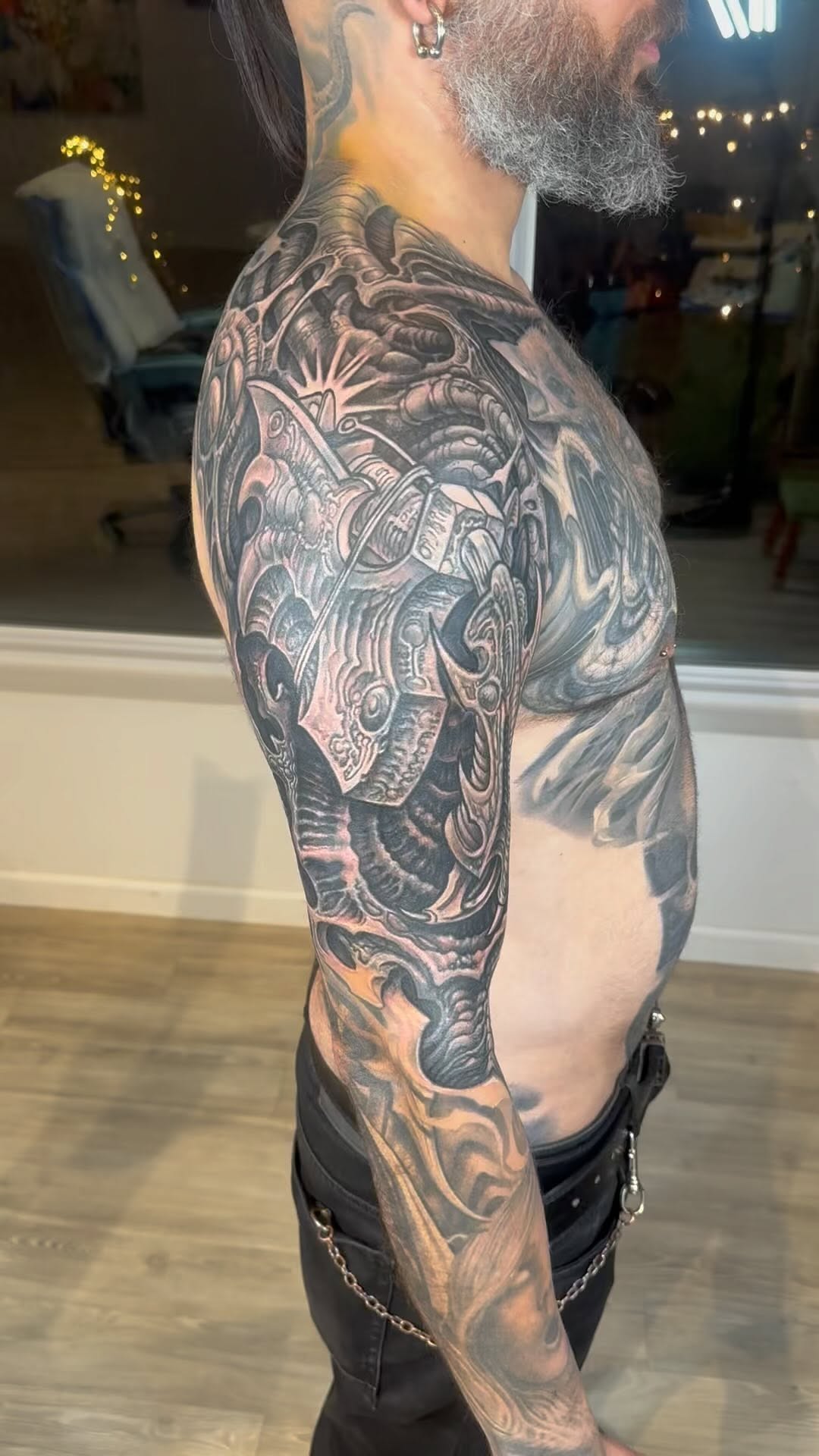 Black-and-grey biomechanical full sleeve