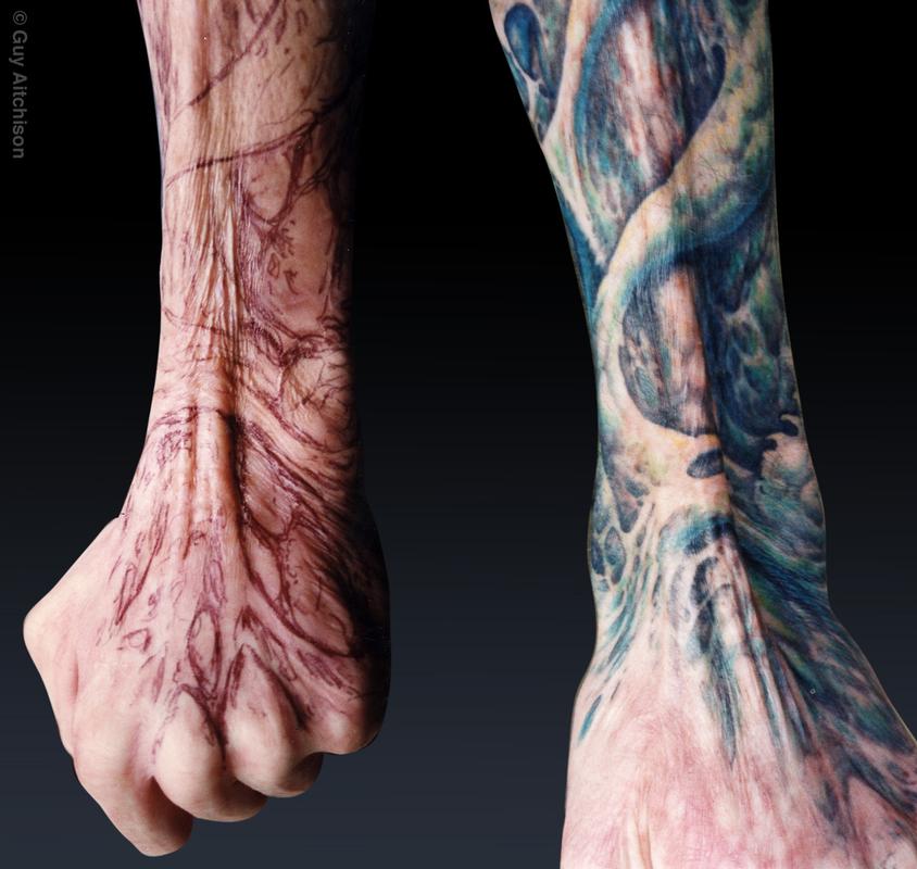 Grime, third degree burn scar coverup