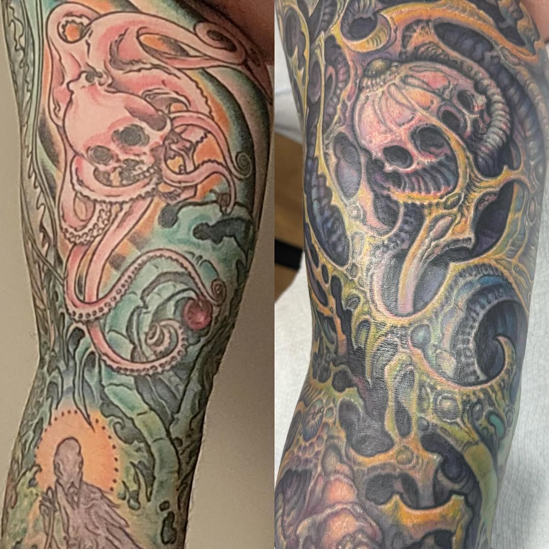 Biomechanical octopus skull cover-up sleeve