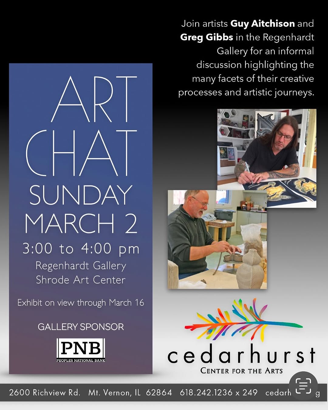 Art Chat event flyer, Cedarhurst Gallery