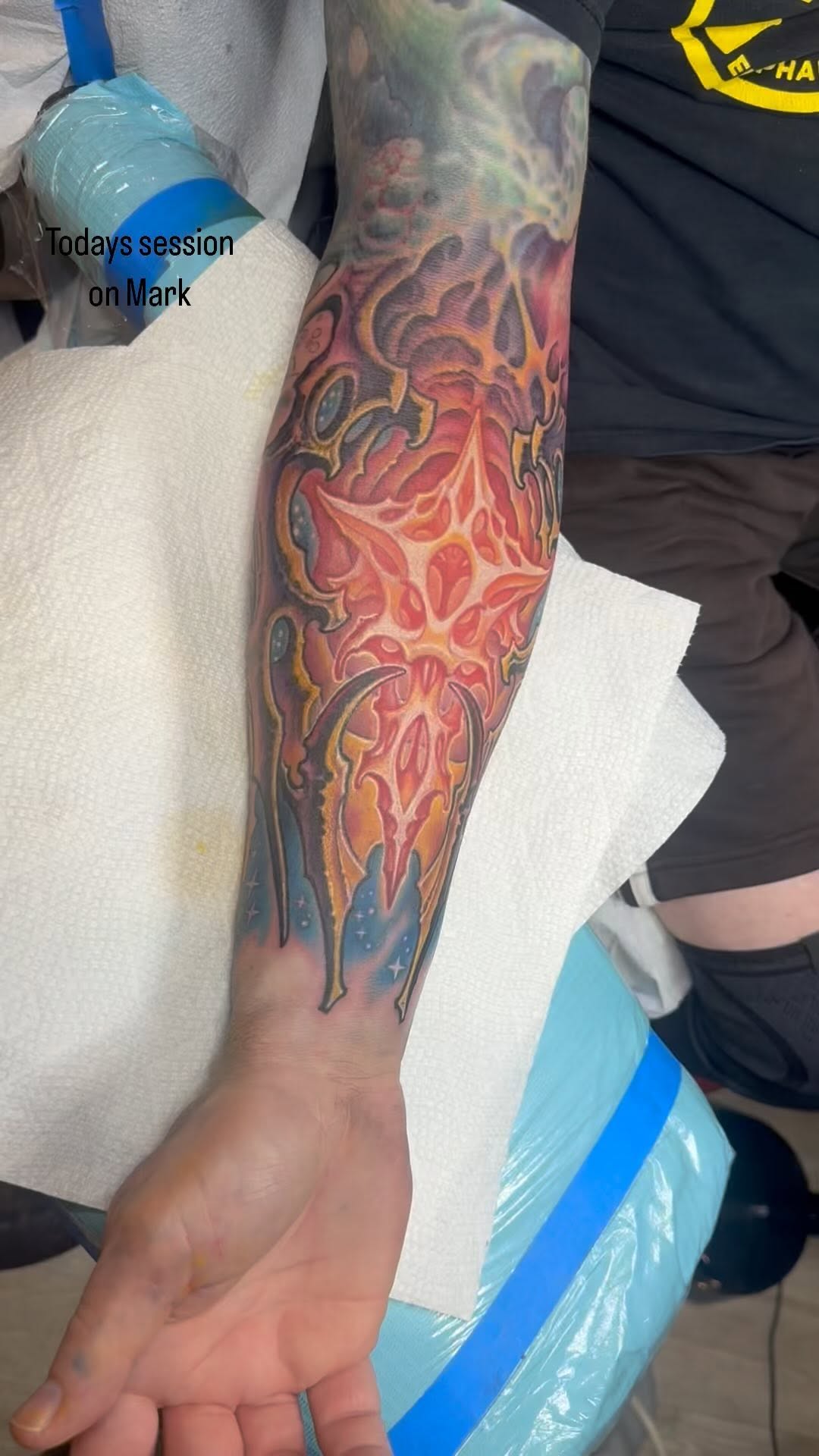 Biomechanical color sleeve in progress, forearm