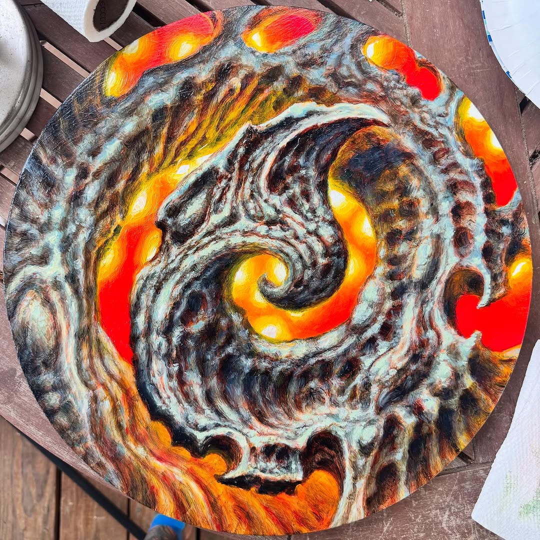 Biomechanical swirl oil painting on round panel