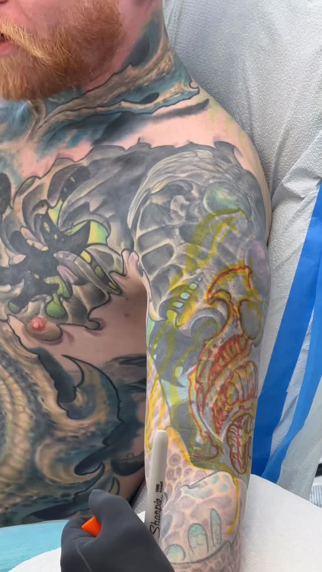 Biomechanical color sleeve and chest in progress