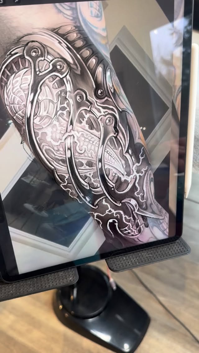 Biomech armor sleeve design, black-and-grey