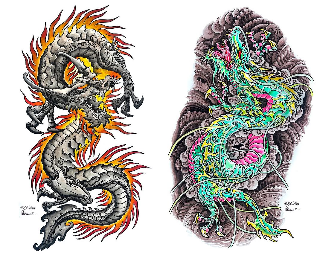 Biomechanical dragon flash painting pair