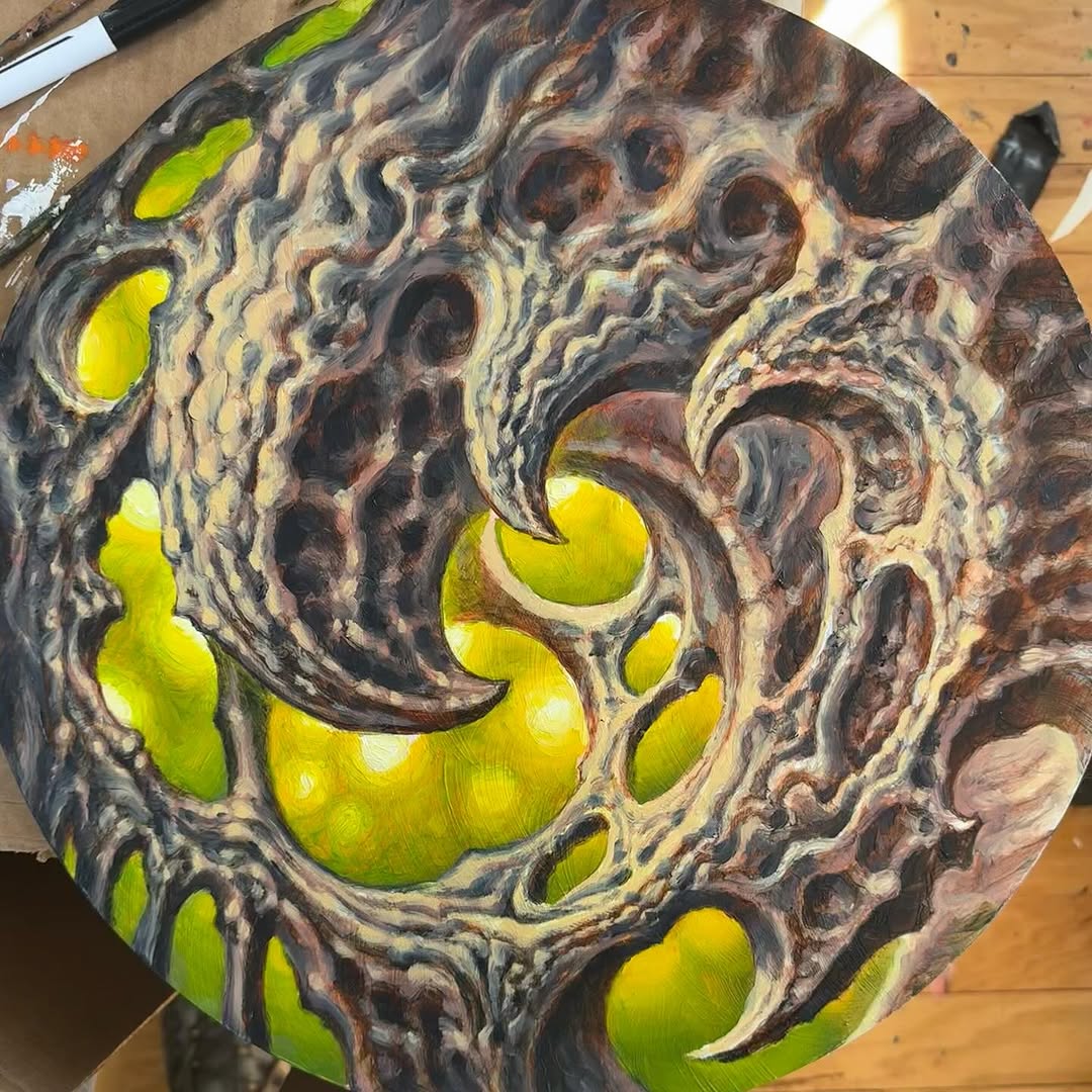 Biomechanical oil painting on round panel