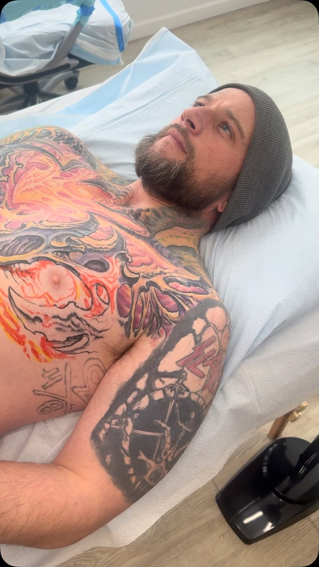Biomechanical chest and stomach tattoo in color