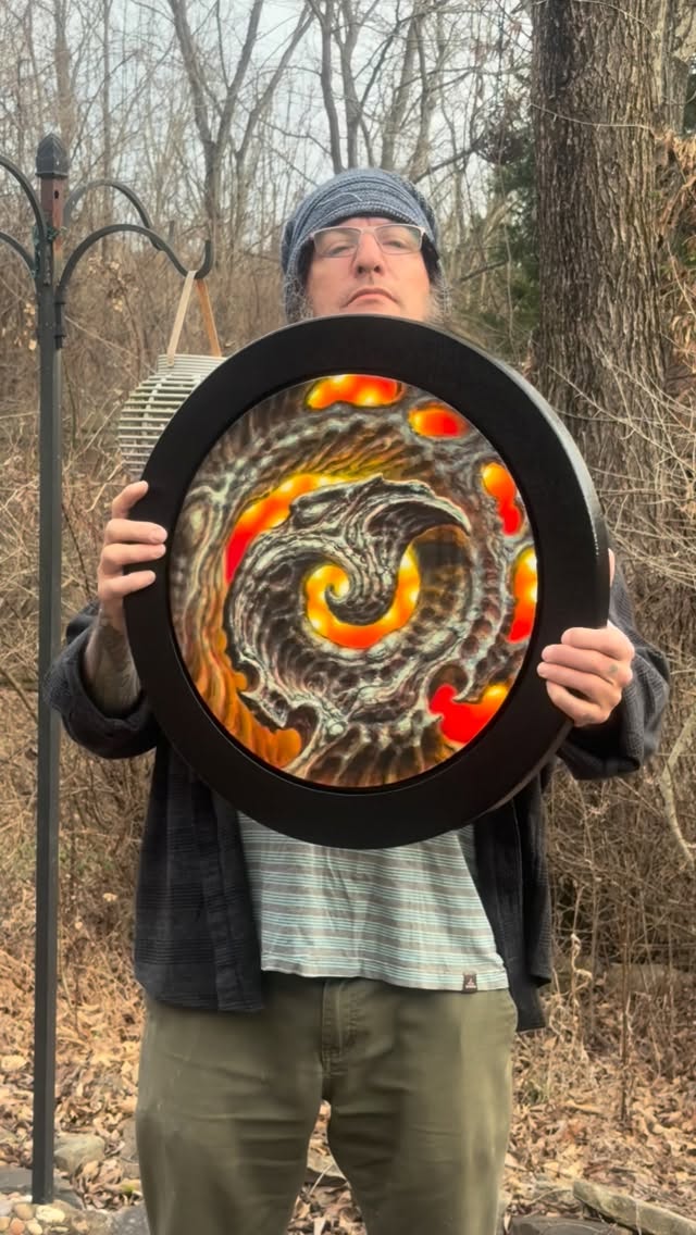 Red Wave abstract spiral oil painting, framed