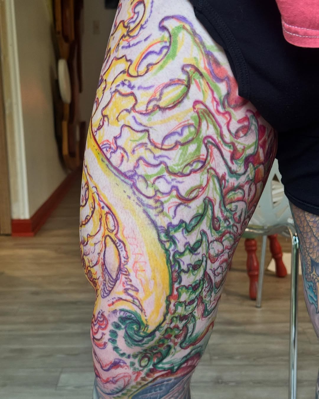 Colorful biomechanical leg sleeve stencil