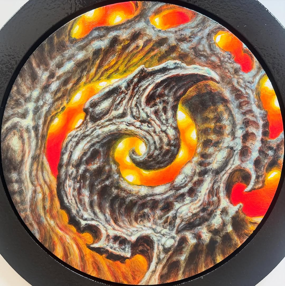 Biomechanical swirl oil painting on round panel