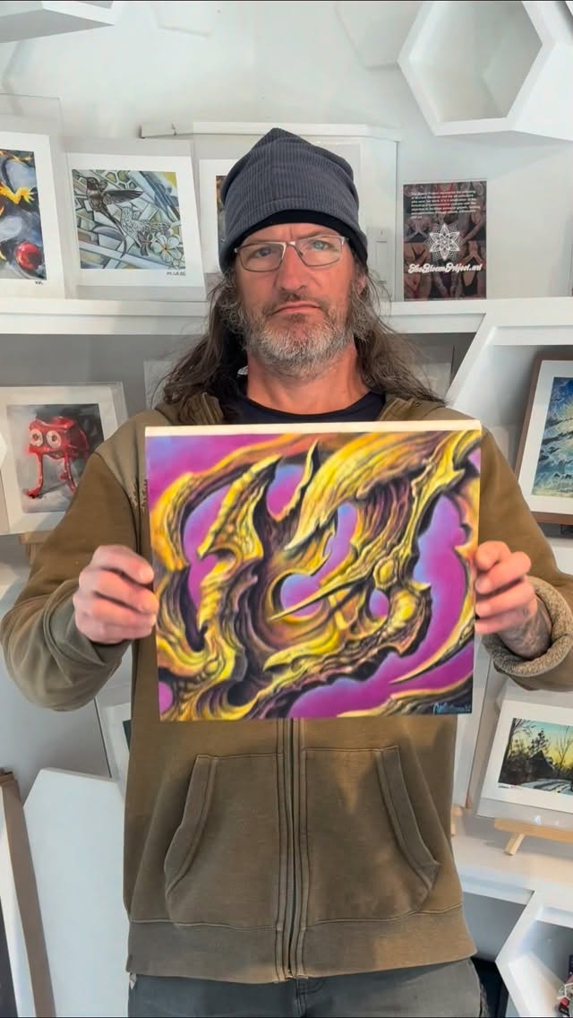 Abstract surreal oil painting, purple and yellow