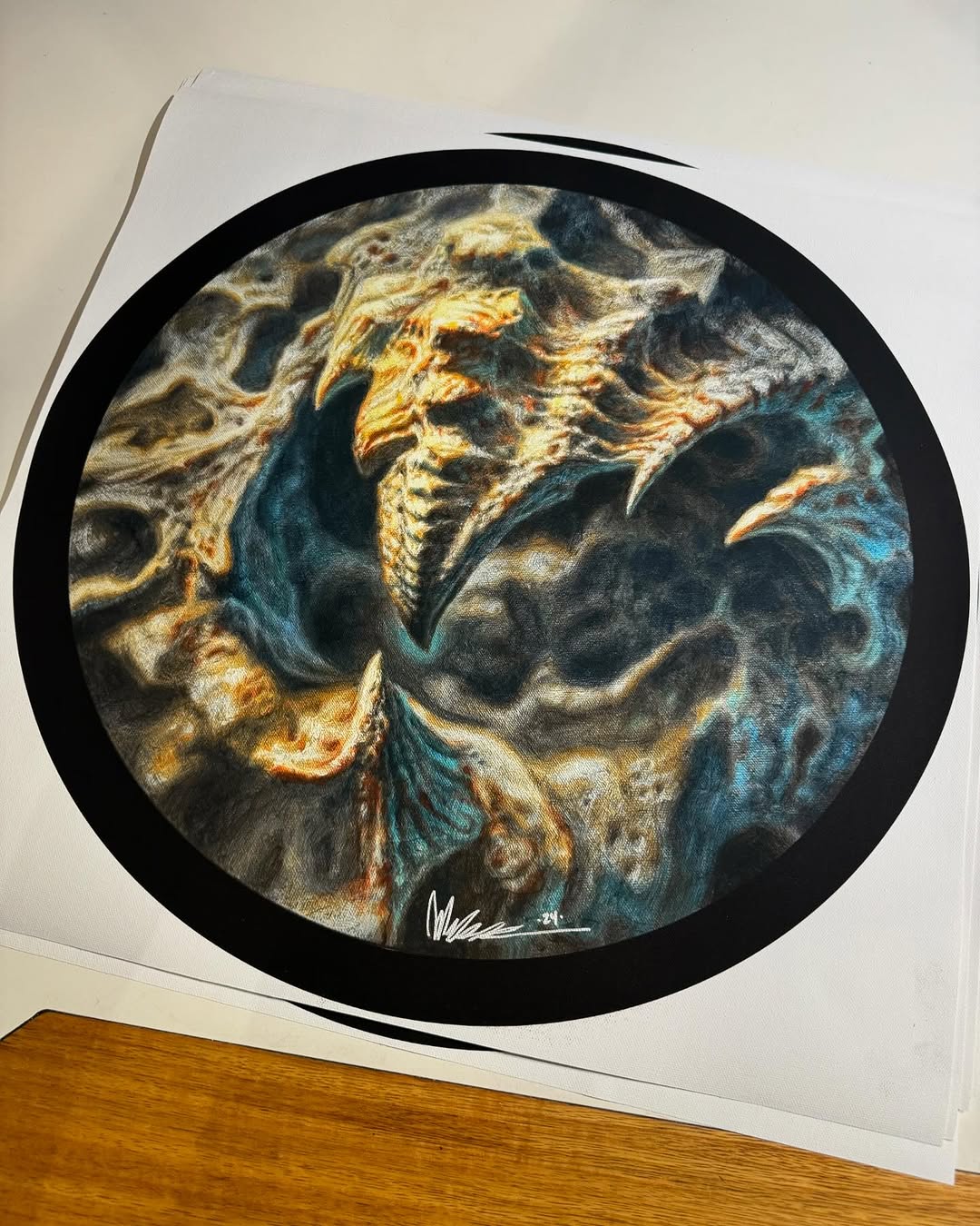 Biomechanical skull art print, circular canvas
