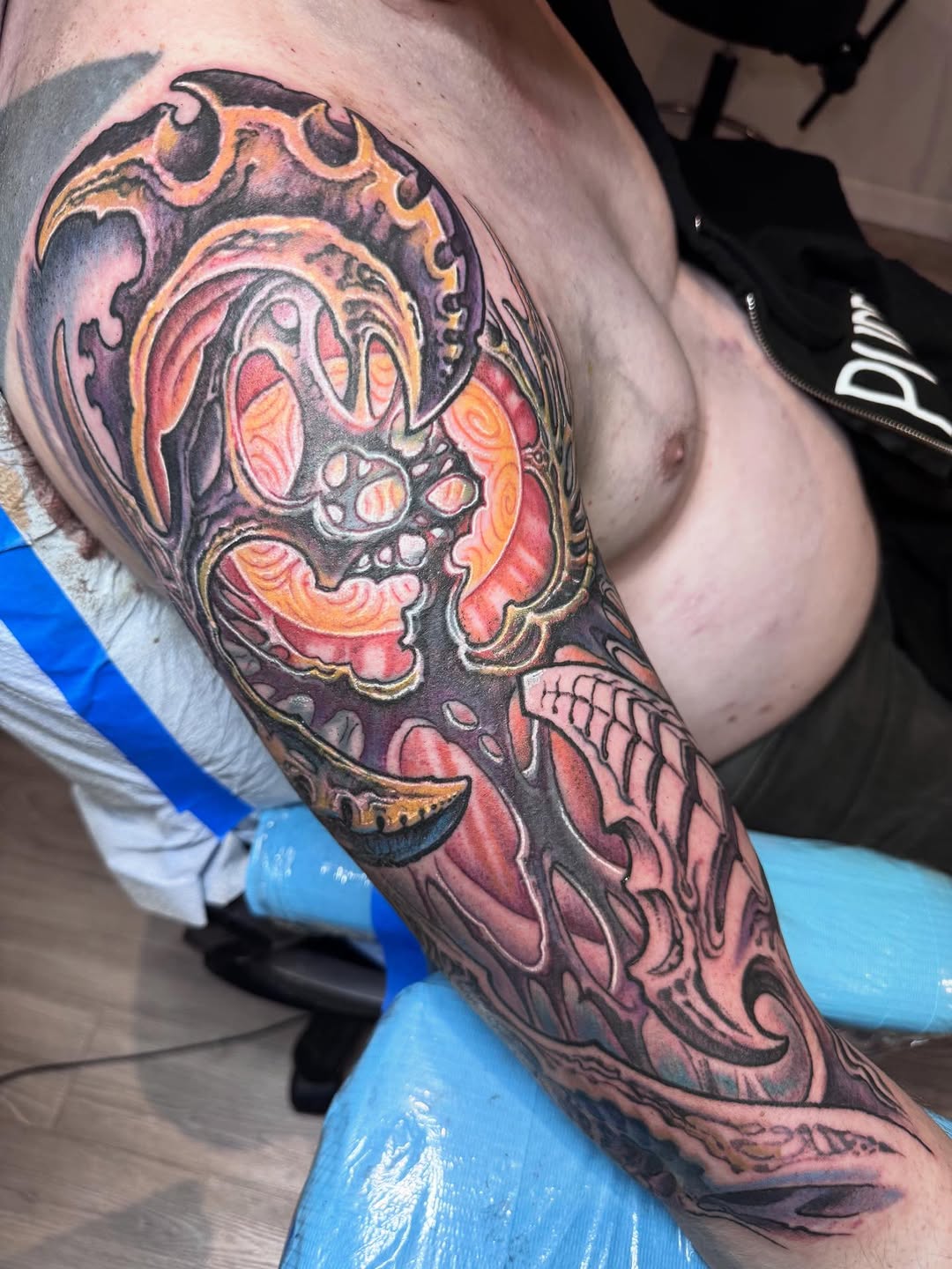 Biomechanical abstract color sleeve in progress
