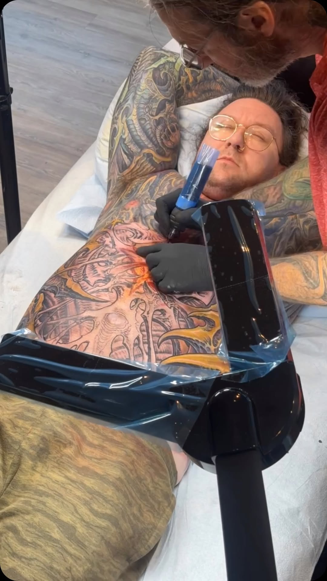 Biomech color body-suit collab, stomach session