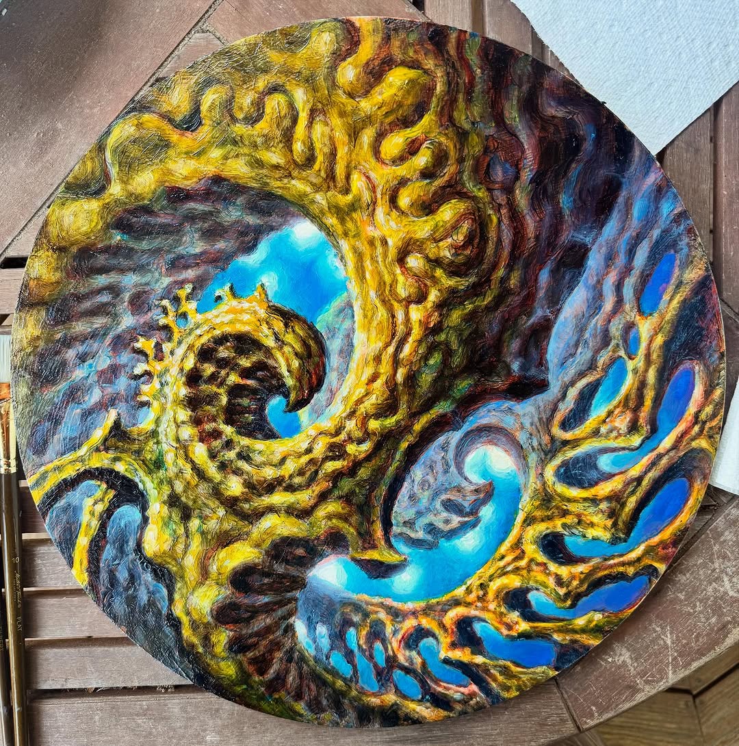 Surreal swirling oil painting on round panel
