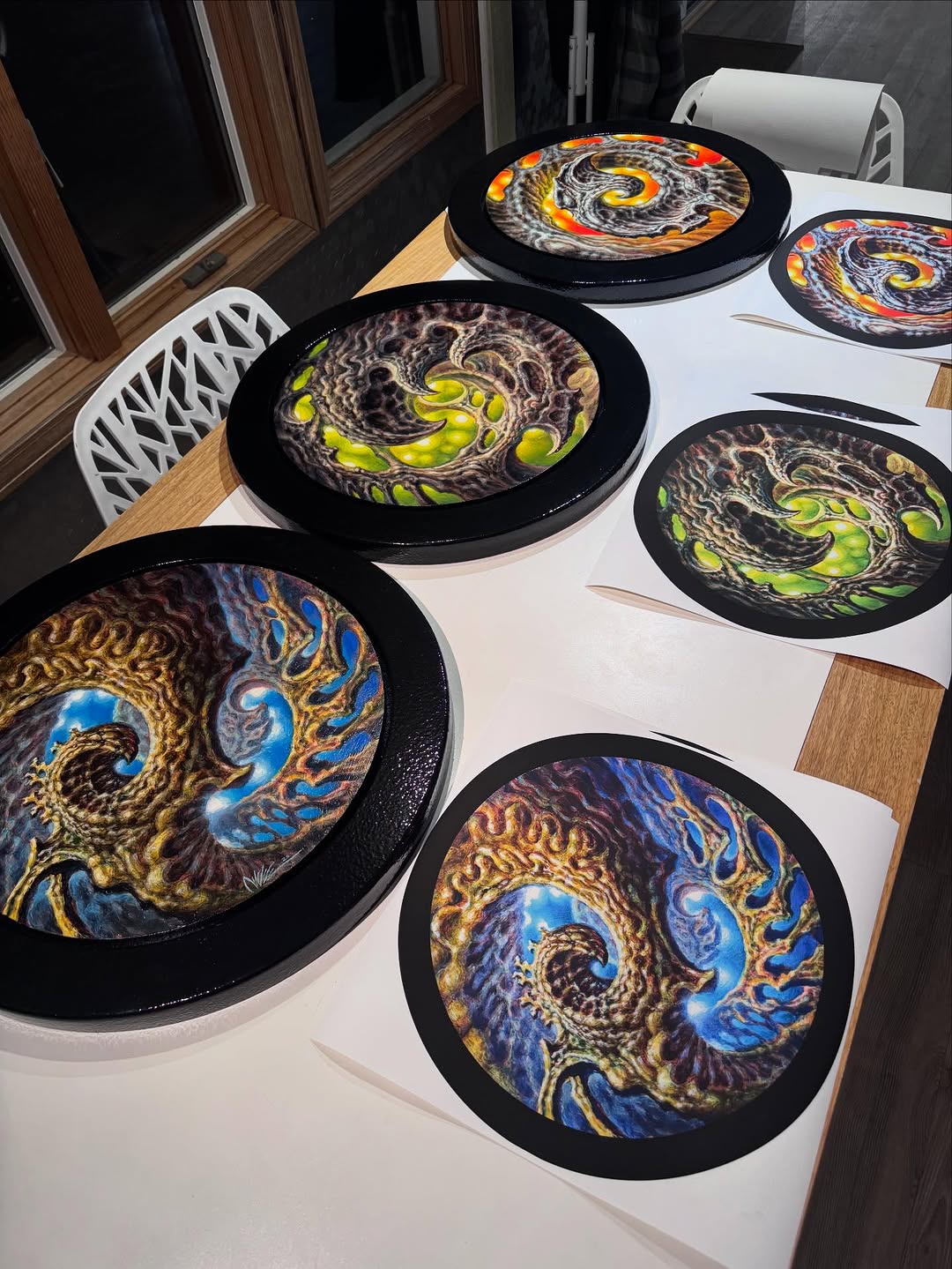 Biomechanical spiral art prints, round panels