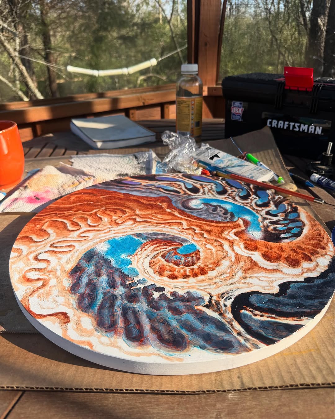 Round abstract oil painting, hot spring aerial