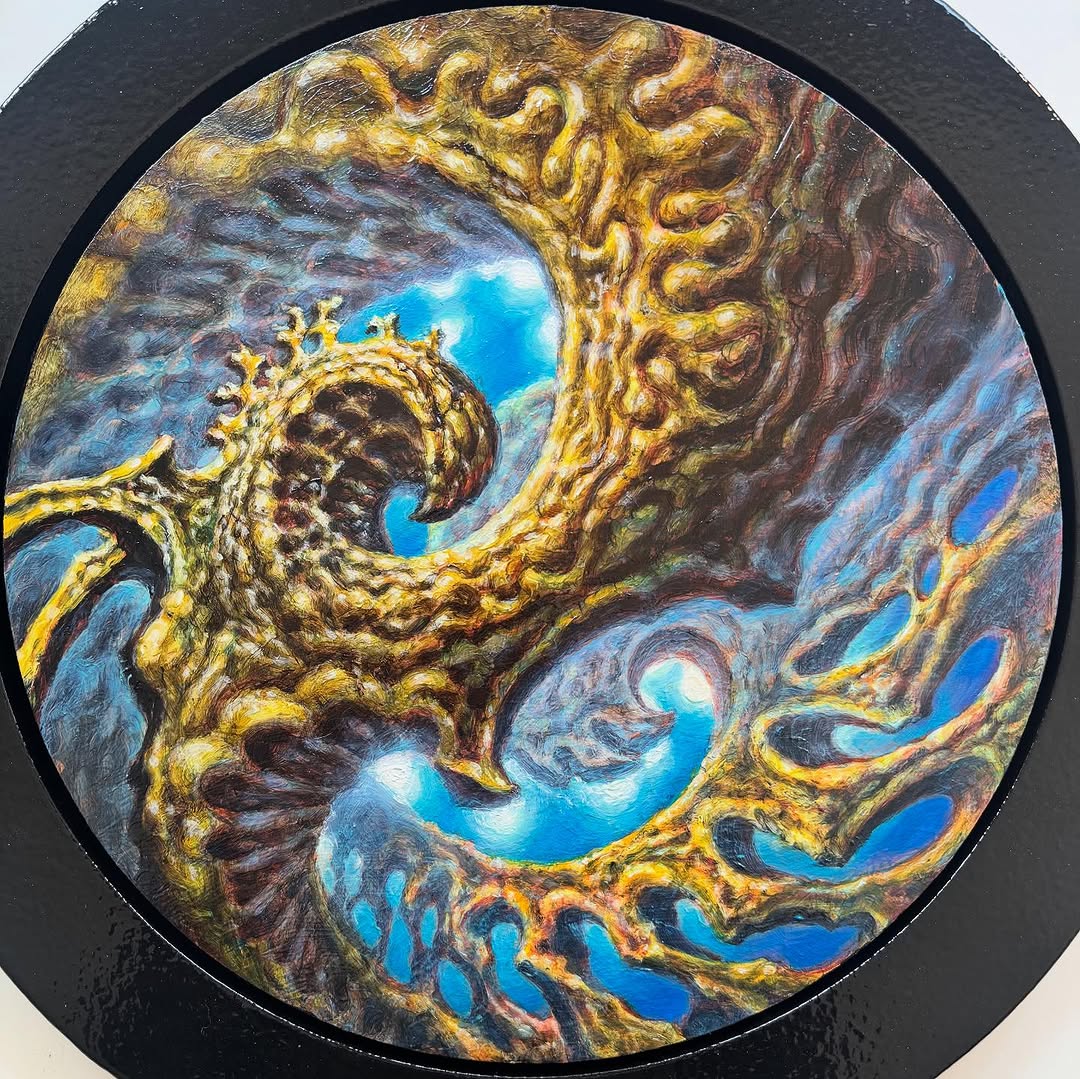 Biomechanical swirl, oil on panel painting