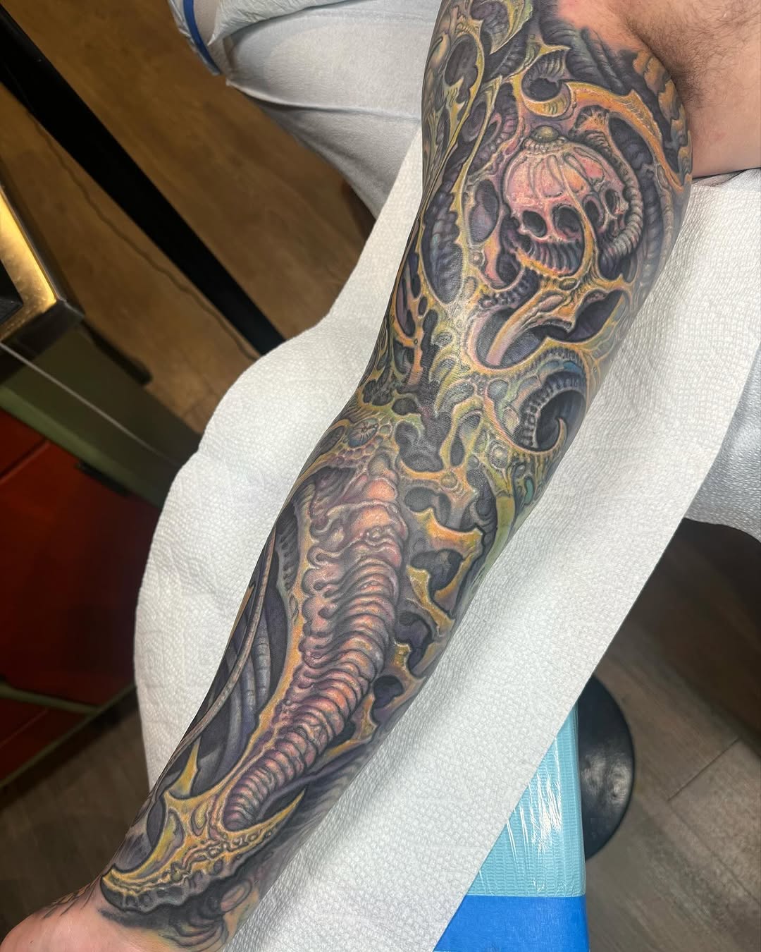 Biomechanical skull full sleeve coverup