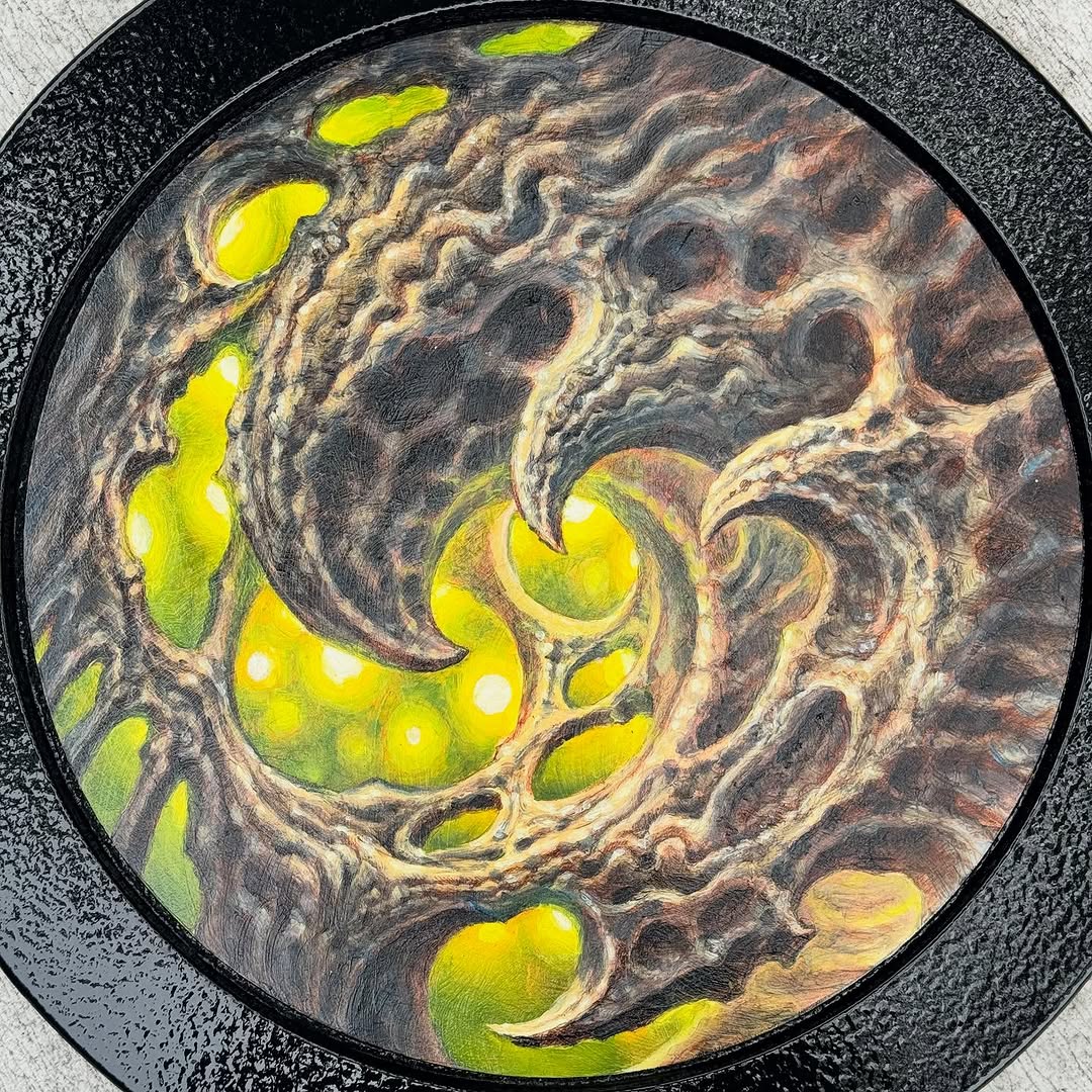 Biomechanical swirl oil painting on round panel