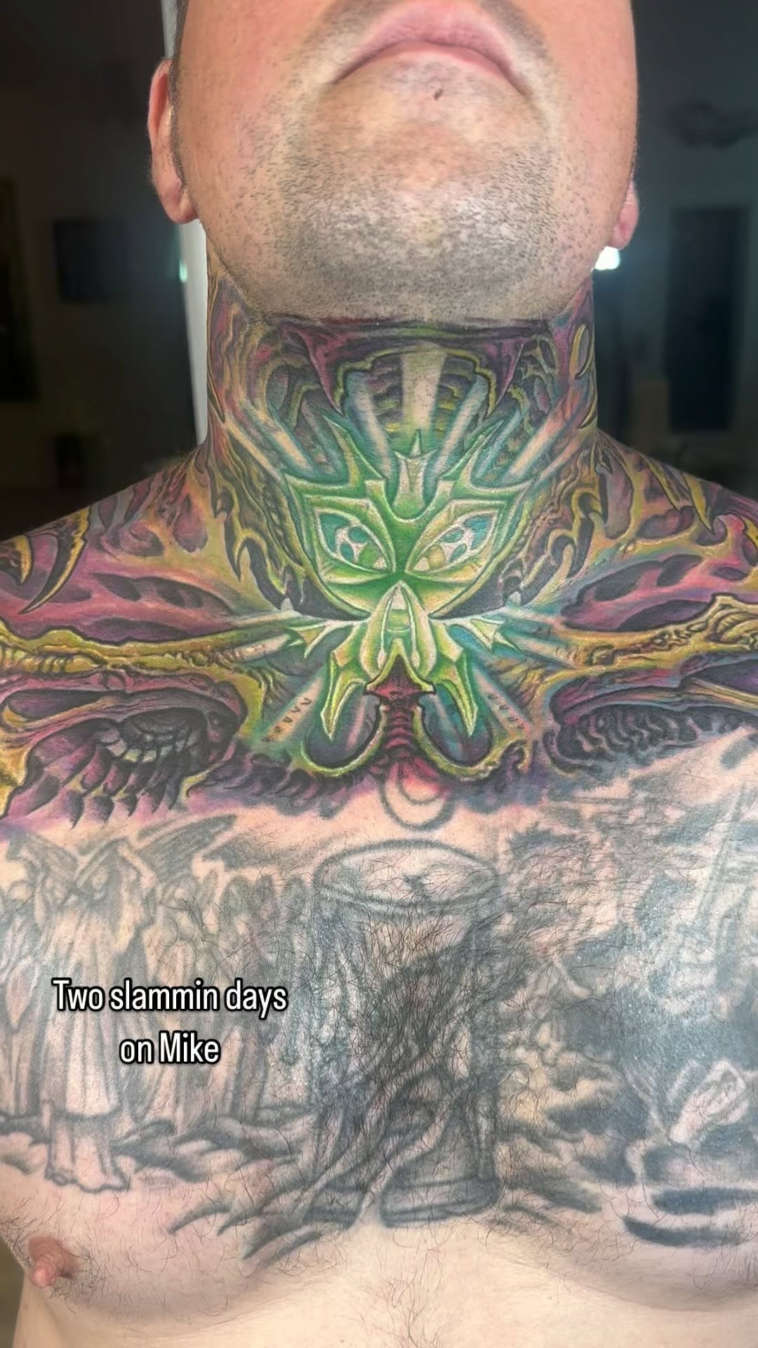 Biomechanical color neck tattoo on Mike