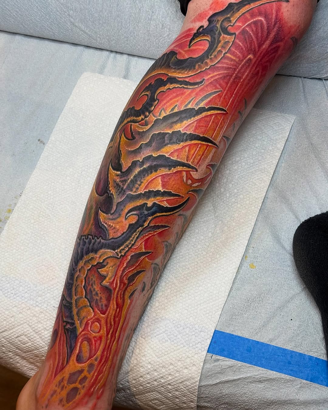 Biomechanical pyro Cthulhu leg sleeve in color