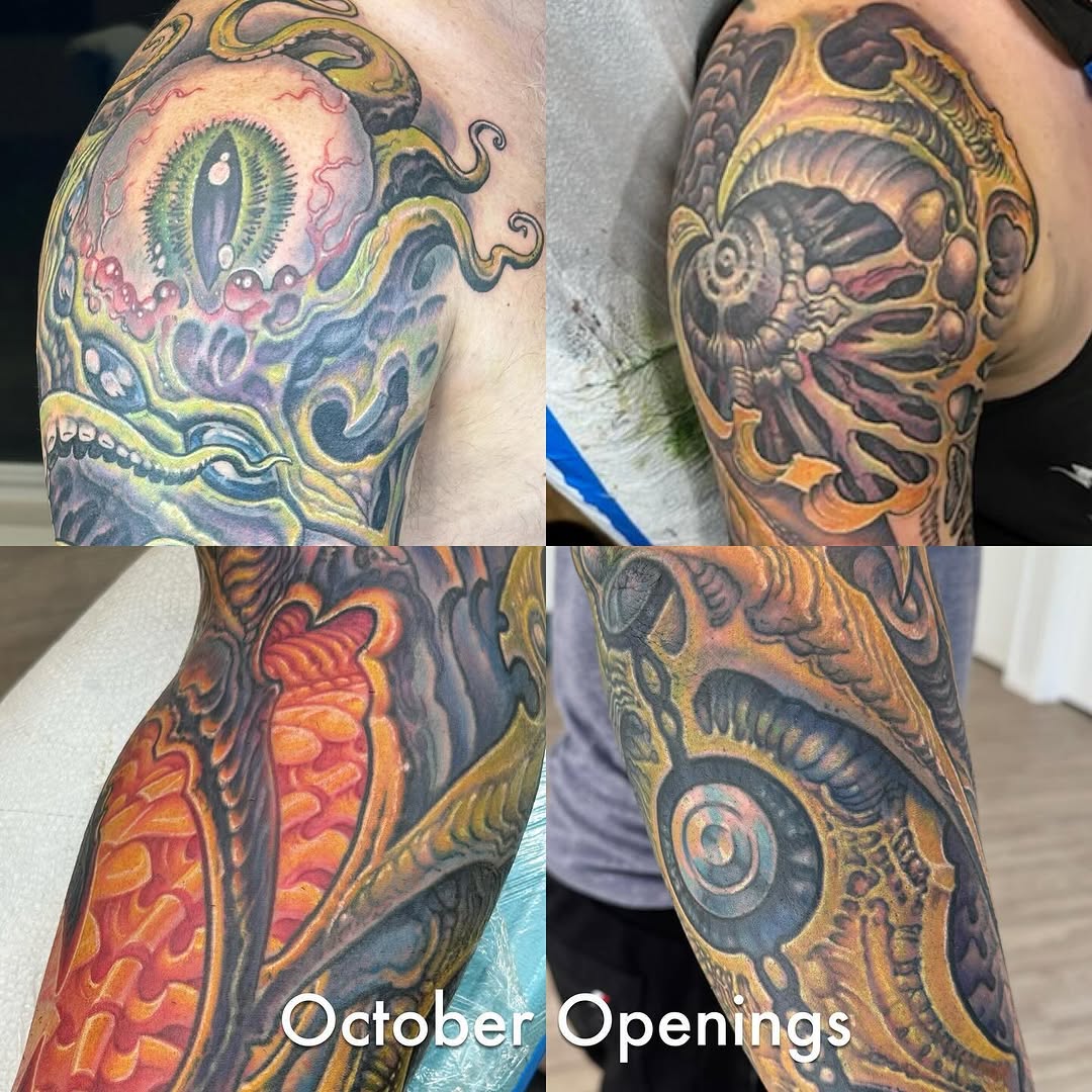 Biomechanical color sleeve tattoos collage